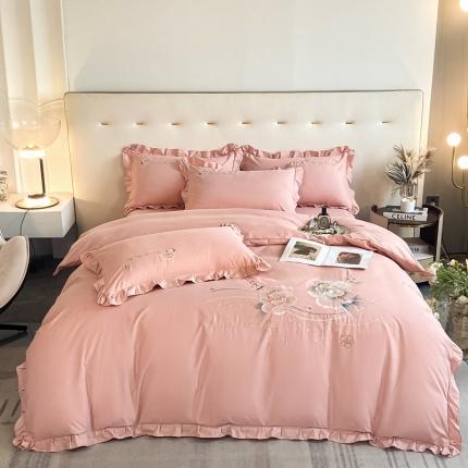 91家纺网 家纺一手货源 找家纺 2023新款韩版亲肤磨毛刺绣蕾丝床裙床单如意系列四件套 达琳美-豆沙粉