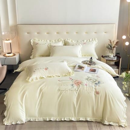 91家纺网 家纺一手货源 找家纺 2023新款韩版亲肤磨毛刺绣蕾丝床裙床单如意系列四件套 达琳美-奶油黄