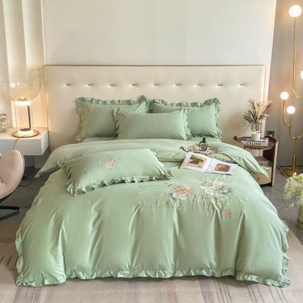 91家纺网 家纺一手货源 找家纺 2023新款韩版亲肤磨毛刺绣蕾丝床裙床单如意系列四件套 达琳美-青草绿