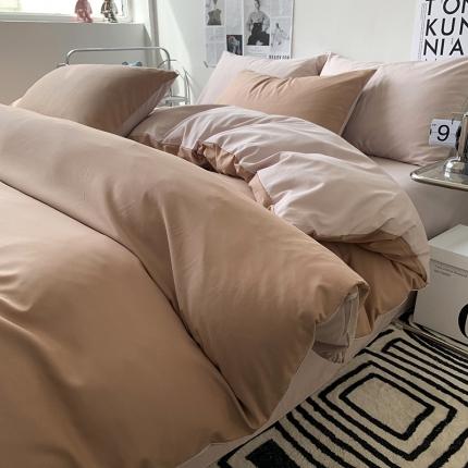 91家纺网 家纺一手货源 找家纺 芷凡家纺 2023新款水洗磨毛双拼四件套 红咖-玫瑰金