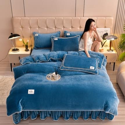 91家纺网 家纺一手货源 找家纺 新8.5-9.5斤纯色珊瑚牛奶金貂绒四件套法莱绒四件套床裙款 宾利蓝