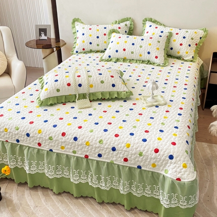 91家纺网 家纺一手货源 找家纺 秋冬款A类母婴级双层纱棉麻夹棉床盖蕾丝花边床裙款全棉纯棉夹棉床盖三件套