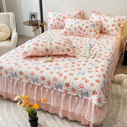 91家纺网 家纺一手货源 找家纺 秋冬款A类母婴级双层纱棉麻夹棉床盖蕾丝花边床裙款全棉纯棉夹棉床盖三件套