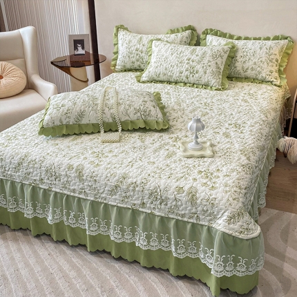 91家纺网 家纺一手货源 找家纺 秋冬款A类母婴级双层纱棉麻夹棉床盖蕾丝花边床裙款全棉纯棉夹棉床盖三件套