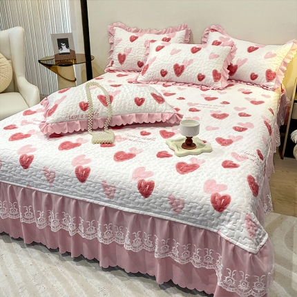 91家纺网 家纺一手货源 找家纺 秋冬款A类母婴级双层纱棉麻夹棉床盖蕾丝花边床裙款全棉纯棉夹棉床盖三件套