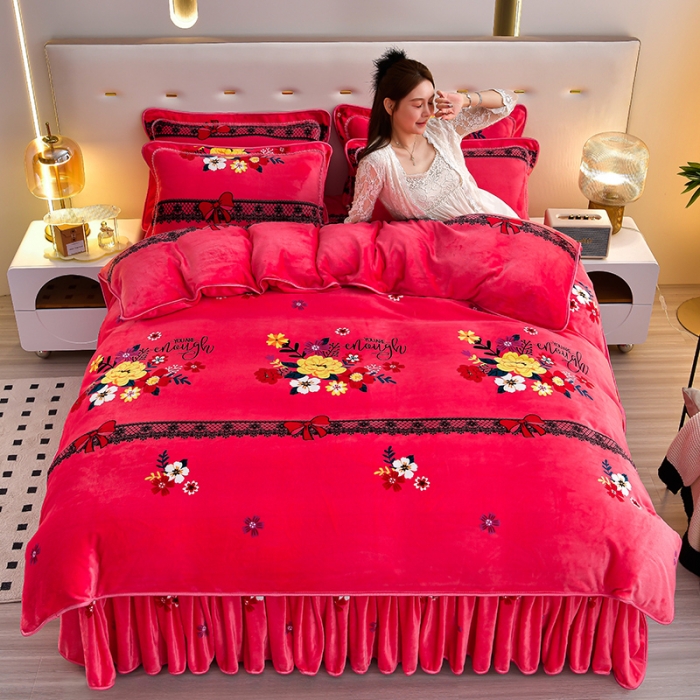 91家纺网 家纺一手货源 找家纺 贝诗梦 2022新款加厚230克9斤牛奶绒金貂绒四件套粉恋