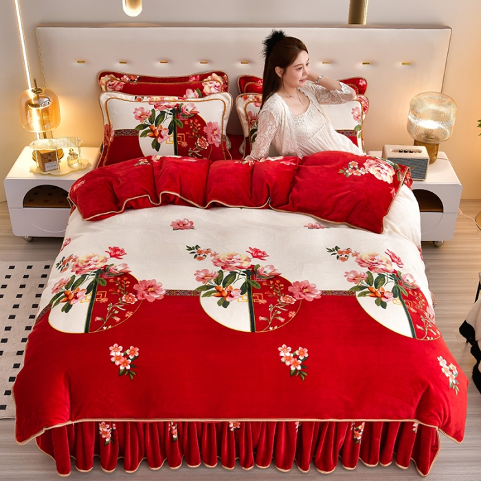 91家纺网 家纺一手货源 找家纺 贝诗梦 2022新款加厚230克9斤牛奶绒金貂绒四件套优雅甜心