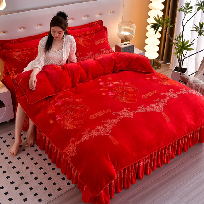 91家纺网 家纺一手货源 找家纺 贝诗梦 2022新款加厚230克9斤牛奶绒金貂绒四件套爱如火