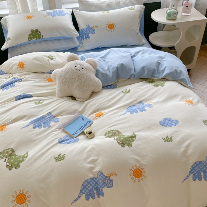 91家纺网 家纺一手货源 找家纺 柚子 2023新款全棉针织印花四件套 格纹恐龙