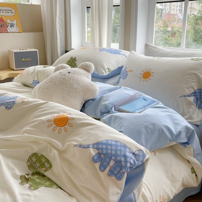 91家纺网 家纺一手货源 找家纺 柚子 2023新款全棉针织印花四件套 格纹恐龙