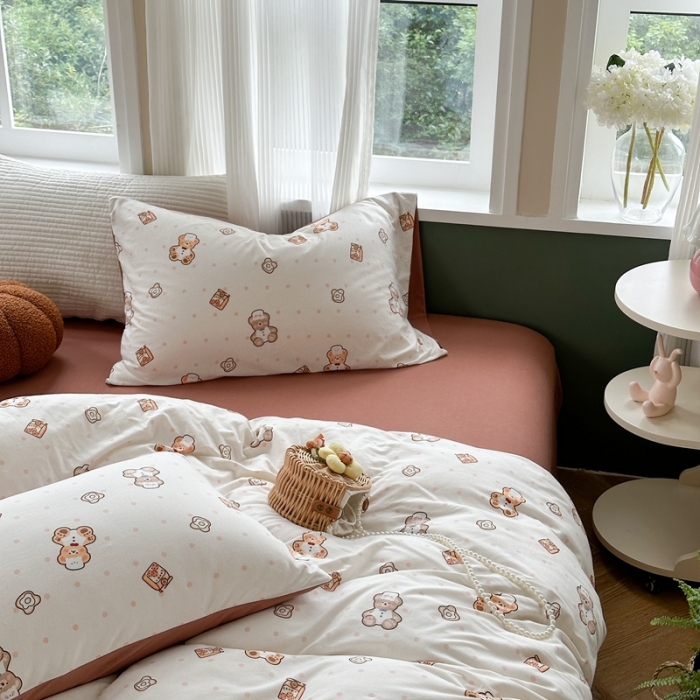 91家纺网 家纺一手货源 找家纺 柚子 2023新款全棉针织印花四件套 烘焙熊