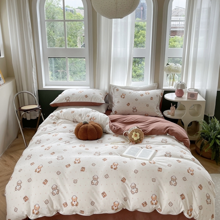 91家纺网 家纺一手货源 找家纺 柚子 2023新款全棉针织印花四件套 烘焙熊