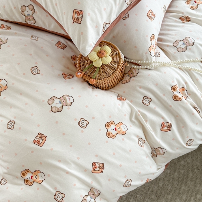 91家纺网 家纺一手货源 找家纺 柚子 2023新款全棉针织印花四件套 烘焙熊