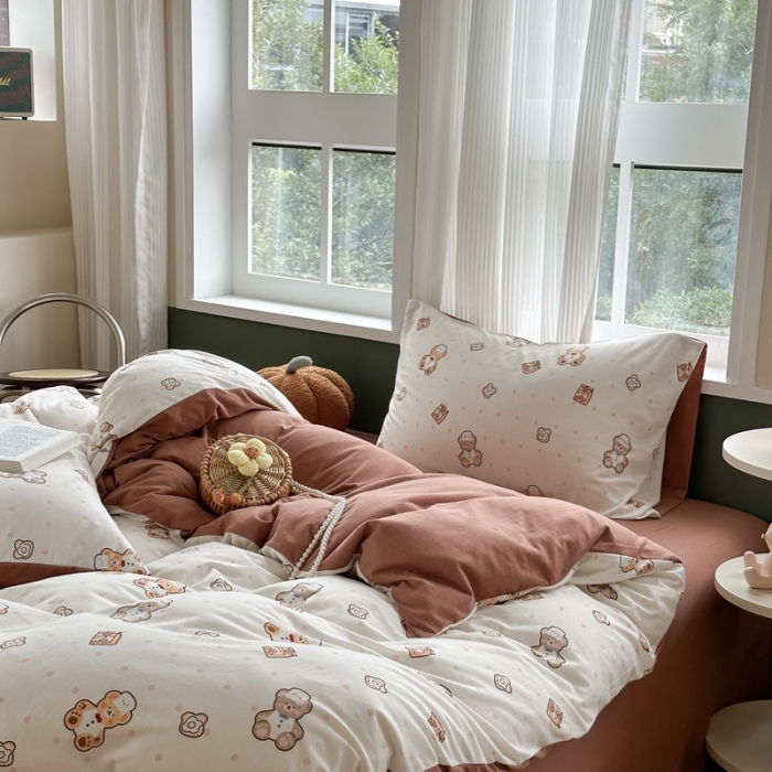 91家纺网 家纺一手货源 找家纺 柚子 2023新款全棉针织印花四件套 烘焙熊