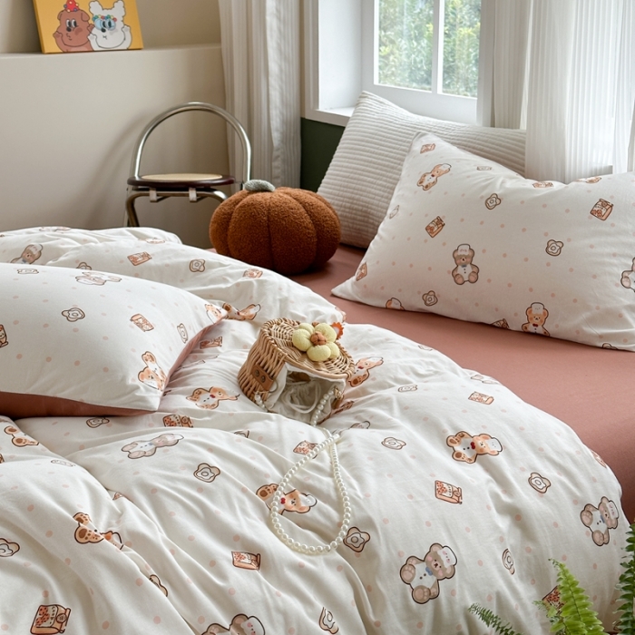 91家纺网 家纺一手货源 找家纺 柚子 2023新款全棉针织印花四件套 烘焙熊