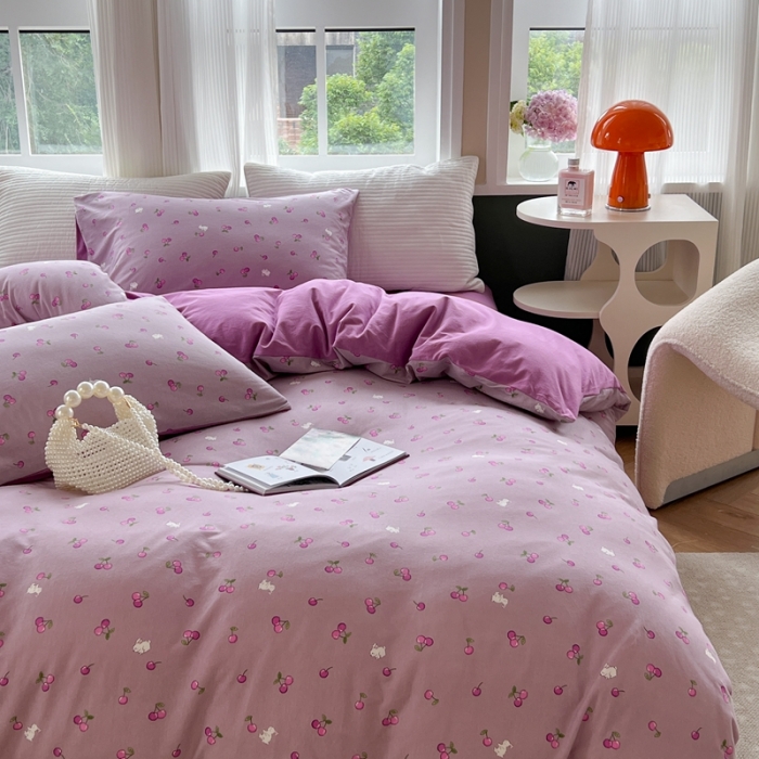 91家纺网 家纺一手货源 找家纺 柚子 2023新款全棉针织印花四件套 紫樱桃