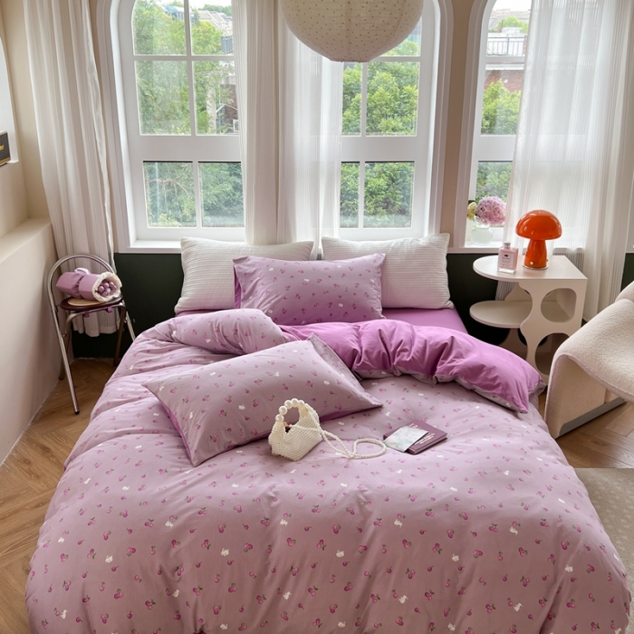 91家纺网 家纺一手货源 找家纺 柚子 2023新款全棉针织印花四件套 紫樱桃