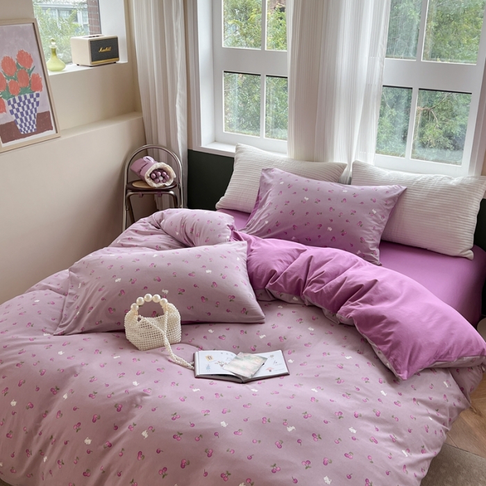 91家纺网 家纺一手货源 找家纺 柚子 2023新款全棉针织印花四件套 紫樱桃