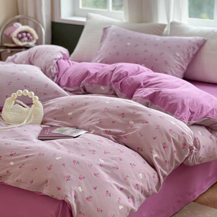 91家纺网 家纺一手货源 找家纺 柚子 2023新款全棉针织印花四件套 紫樱桃