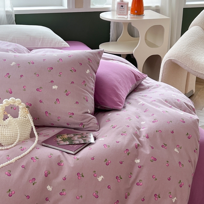 91家纺网 家纺一手货源 找家纺 柚子 2023新款全棉针织印花四件套 紫樱桃