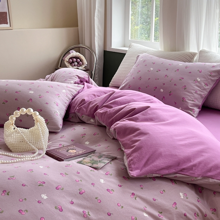 91家纺网 家纺一手货源 找家纺 柚子 2023新款全棉针织印花四件套 紫樱桃