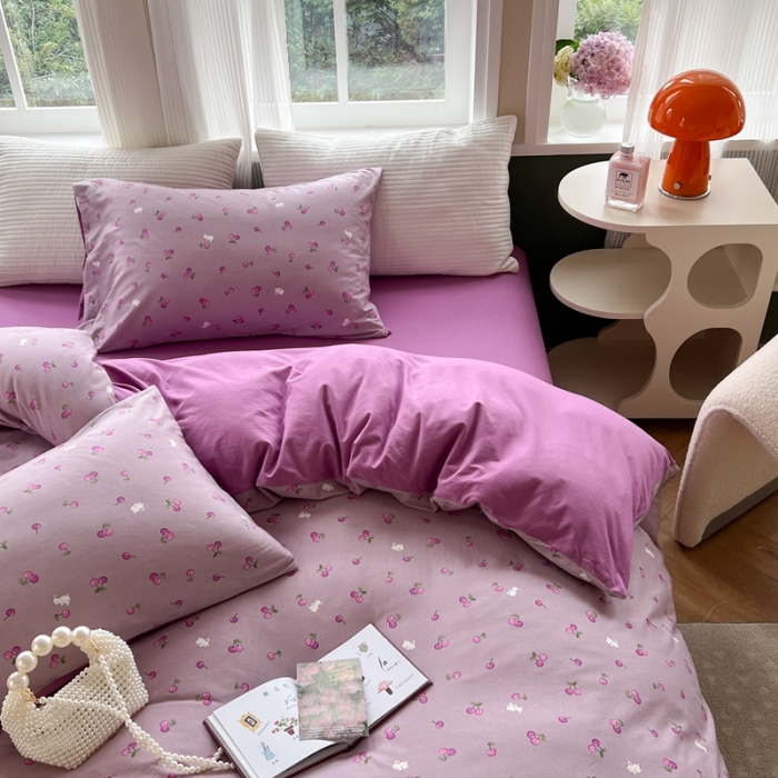 91家纺网 家纺一手货源 找家纺 柚子 2023新款全棉针织印花四件套 紫樱桃