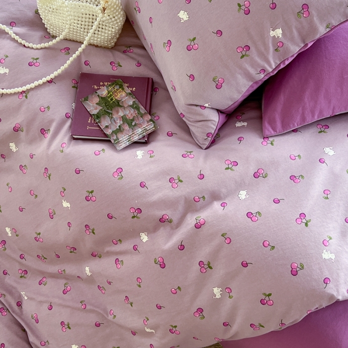 91家纺网 家纺一手货源 找家纺 柚子 2023新款全棉针织印花四件套 紫樱桃