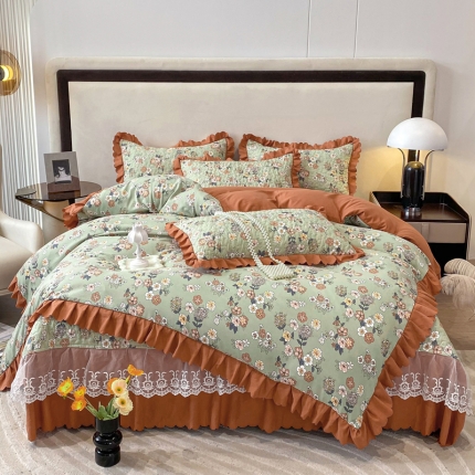 91家纺网 家纺一手货源 找家纺 A类水洗棉麻双层纱床盖款夏被四件套夹棉床裙蕾丝花边纯棉全棉夏凉被套床盖