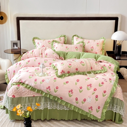 91家纺网 家纺一手货源 找家纺 A类水洗棉麻双层纱床盖款夏被四件套夹棉床裙蕾丝花边纯棉全棉夏凉被套床盖