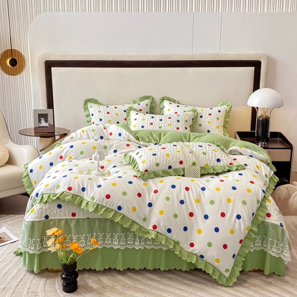 91家纺网 家纺一手货源 找家纺 A类水洗棉麻双层纱床盖款夏被四件套夹棉床裙蕾丝花边纯棉全棉夏凉被套床盖