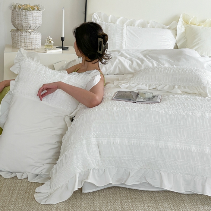 91家纺网 家纺一手货源 找家纺 玛奇朵全棉有氧精梳水洗棉弹力雪纺纱-伊丽莎白系列四件套 伊丽莎白-白