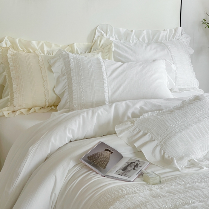 91家纺网 家纺一手货源 找家纺 玛奇朵全棉有氧精梳水洗棉弹力雪纺纱-伊丽莎白系列四件套 伊丽莎白-白