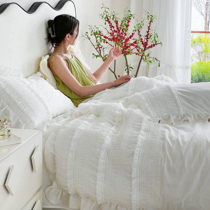 91家纺网 家纺一手货源 找家纺 玛奇朵全棉有氧精梳水洗棉弹力雪纺纱-伊丽莎白系列四件套 伊丽莎白-白