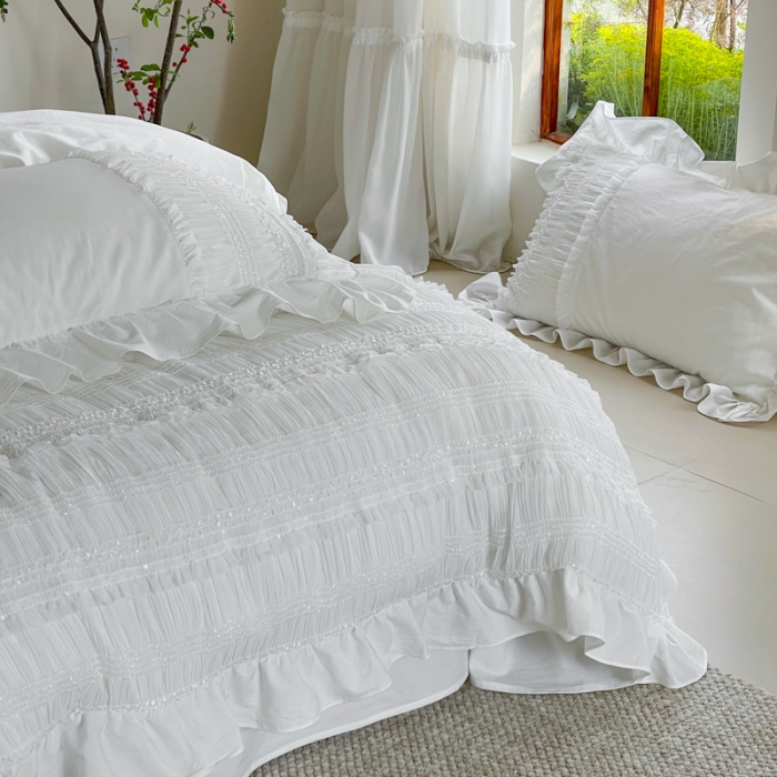 91家纺网 家纺一手货源 找家纺 玛奇朵全棉有氧精梳水洗棉弹力雪纺纱-伊丽莎白系列四件套 伊丽莎白-白