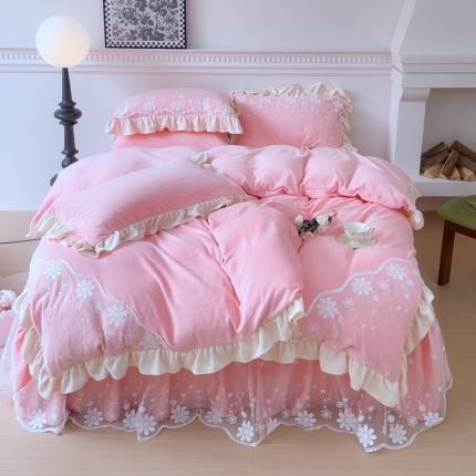 五口之家新款牛奶绒蕾丝款床裙床单四件套 花仙子-公主粉