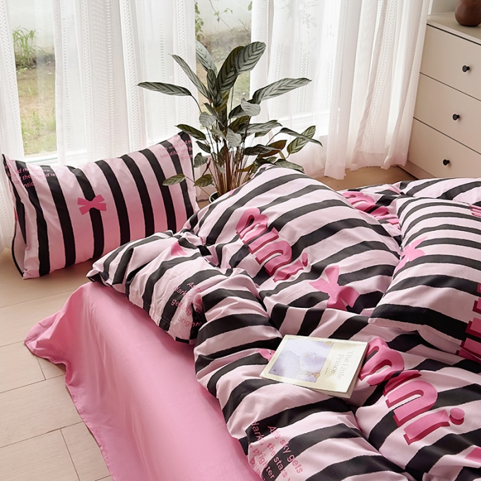 91家纺网 家纺一手货源 找家纺 怡家居 2023新款全棉四件套7月新花色 粉色蝴蝶结