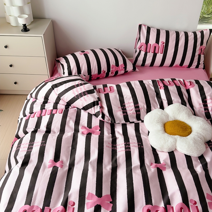 91家纺网 家纺一手货源 找家纺 怡家居 2023新款全棉四件套7月新花色 粉色蝴蝶结