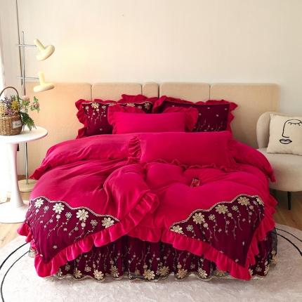 五口之家新款牛奶绒蕾丝款床裙床单四件套 花仙子-酒红色