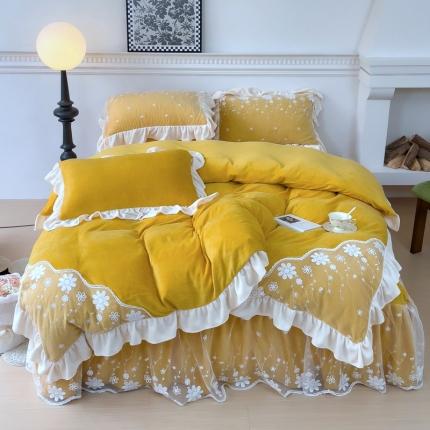 五口之家新款牛奶绒蕾丝款床裙床单四件套 花仙子-柠檬黄