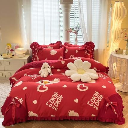 91家纺网 家纺一手货源 找家纺 艺玲 2023新款韩式蝴蝶结花边斜纹加厚磨毛床裙床单四件套 爱意永恒