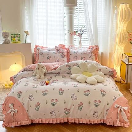 91家纺网 家纺一手货源 找家纺 （总）艺玲 2023新款韩式蝴蝶结花边斜纹加厚磨毛床裙床单四件套