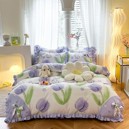 91家纺网 家纺一手货源 找家纺 （总）艺玲 2023新款韩式蝴蝶结花边斜纹加厚磨毛床裙床单四件套