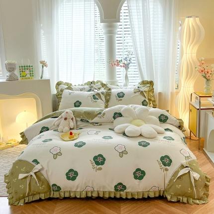 91家纺网 家纺一手货源 找家纺 （总）艺玲 2023新款韩式蝴蝶结花边斜纹加厚磨毛床裙床单四件套