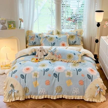 91家纺网 家纺一手货源 找家纺 艺玲 2023新款韩式蝴蝶结花边斜纹加厚磨毛床裙床单四件套 花儿乐团