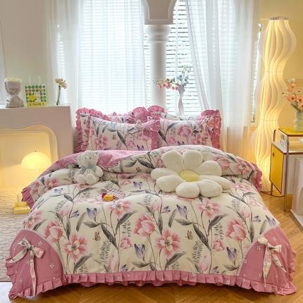 91家纺网 家纺一手货源 找家纺 （总）艺玲 2023新款韩式蝴蝶结花边斜纹加厚磨毛床裙床单四件套