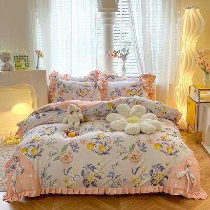 91家纺网 家纺一手货源 找家纺 （总）艺玲 2023新款韩式蝴蝶结花边斜纹加厚磨毛床裙床单四件套