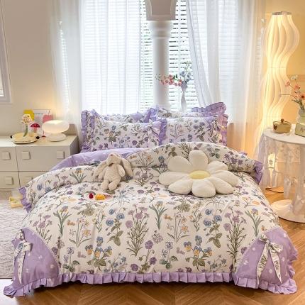 91家纺网 家纺一手货源 找家纺 （总）艺玲 2023新款韩式蝴蝶结花边斜纹加厚磨毛床裙床单四件套