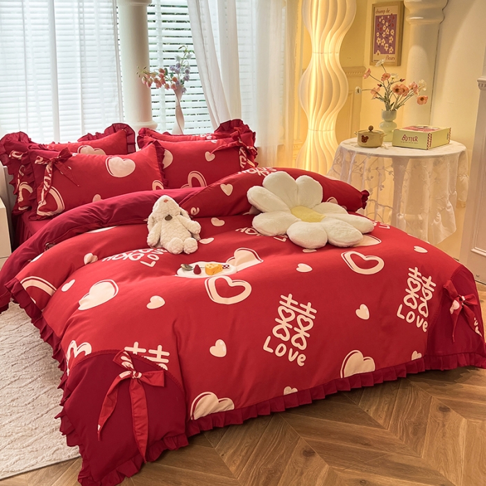 91家纺网 家纺一手货源 找家纺 艺玲 2023新款韩式蝴蝶结花边斜纹加厚磨毛床裙床单四件套 爱意永恒