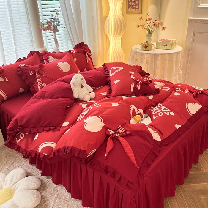 91家纺网 家纺一手货源 找家纺 艺玲 2023新款韩式蝴蝶结花边斜纹加厚磨毛床裙床单四件套 爱意永恒