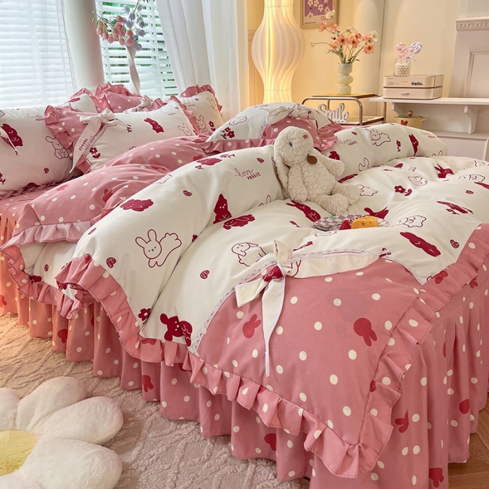 91家纺网 家纺一手货源 找家纺 艺玲 2023新款韩式蝴蝶结花边斜纹加厚磨毛床裙床单四件套 彼得兔